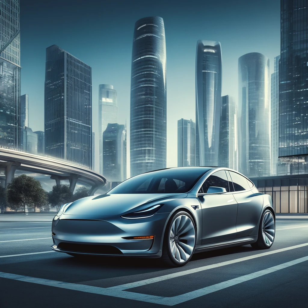 Tesla Model Q - La imagen muestra el diseño elegante y futurista del Tesla Model Q en un entorno urbano moderno.