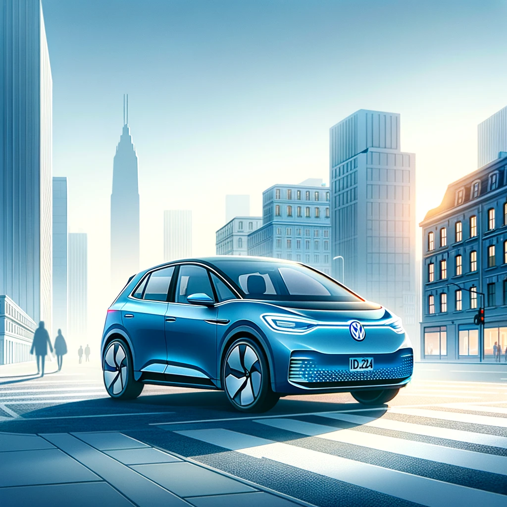 Volkswagen ID.3 2024 - La ilustración destaca la funcionalidad y accesibilidad del Volkswagen ID.3 en una calle de ciudad animada.