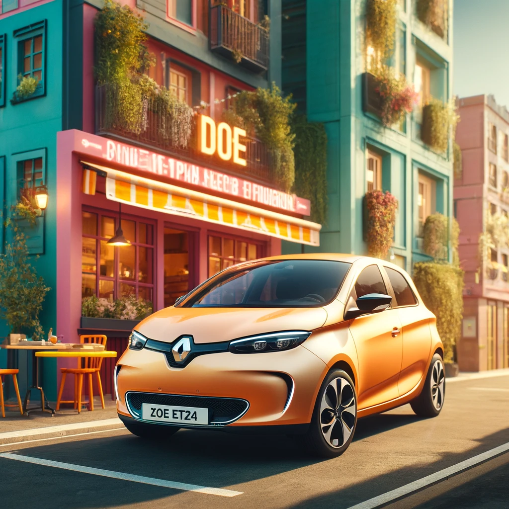Renault Zoe E-Tech 2024 - La imagen resalta el diseño compacto y la eficiencia del Renault Zoe E-Tech en un entorno urbano vibrante y juvenil.