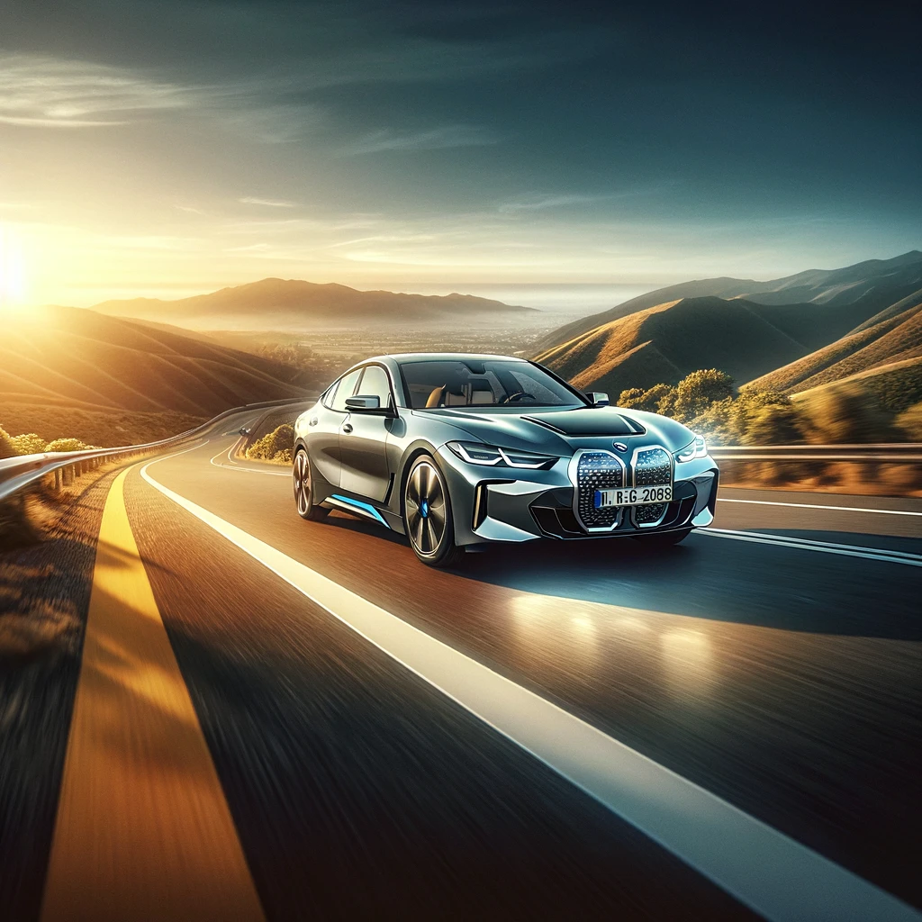 BMW i4 - La representación subraya el rendimiento deportivo y el lujo del BMW i4 en un escenario de carretera abierta.
