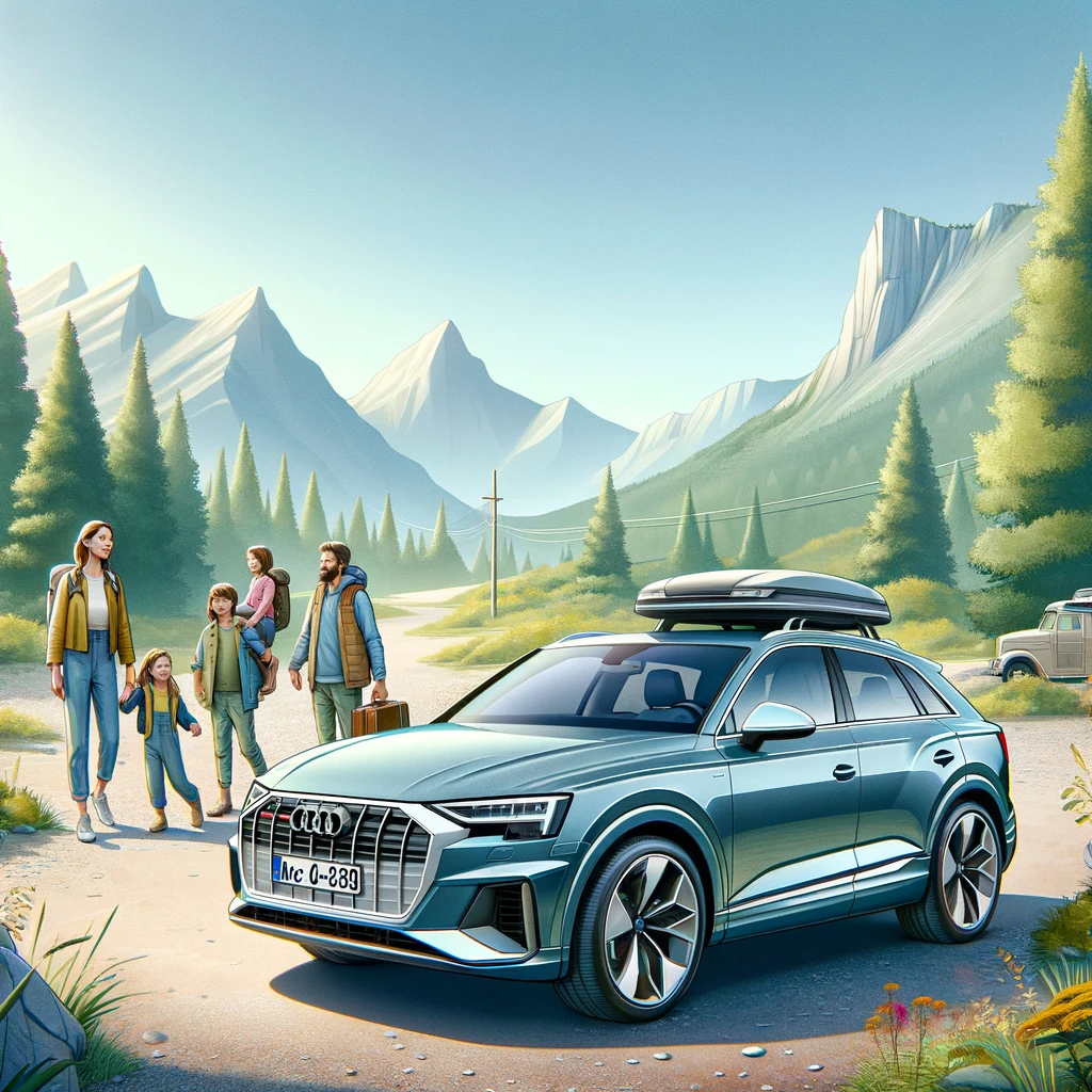 Audi Q4 e-tron - La ilustración enfoca en la espaciosidad y la tecnología avanzada del Audi Q4 e-tron durante una salida familiar en un paisaje natural.