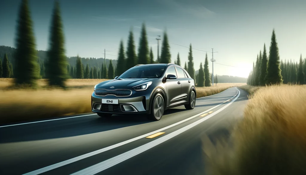 Kia e-Niro conduciendo por una carretera secundaria rodeada de naturaleza y bajo un cielo claro, sin personas visibles en la escena