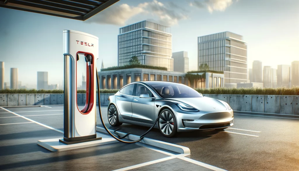 Tesla Model S cargándose en una estación de carga eléctrica en un entorno urbano moderno, con edificios y cielo claro de fondo, sin personas visibles