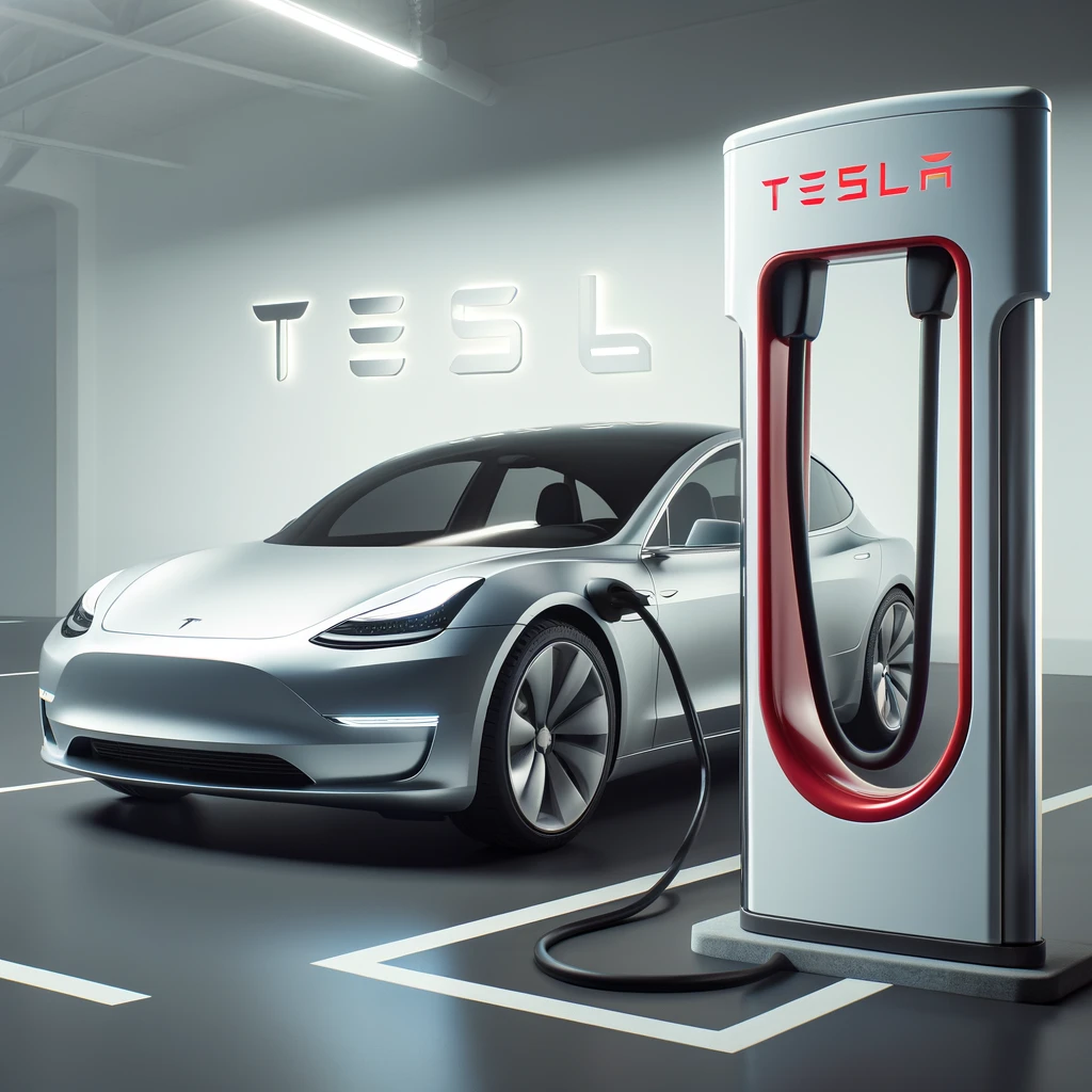 Imagen de un coche Tesla blanco cargándose en una estación de carga Tesla. La manguera de carga sale del cargador y está conectada al coche. El entorno es moderno y limpio, sin presencia de personas.