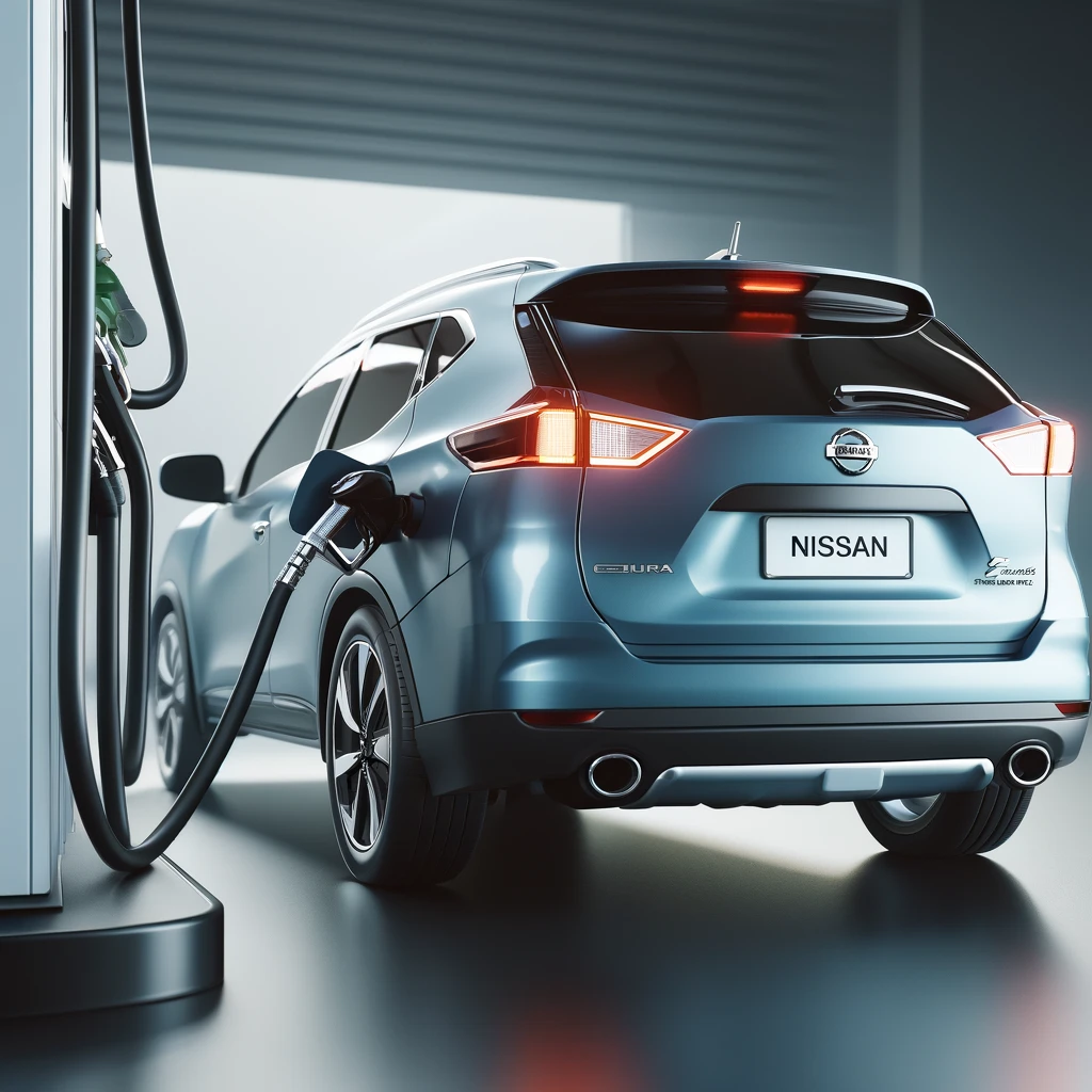 Imagen de un coche Nissan azul repostando gasolina en una gasolinera. La manguera del surtidor está conectada al depósito situado cerca del maletero. La estación de servicio es moderna y ordenada, sin personas a la vista.